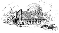 sketch of the Bernardo Main House by Mary Groce Mackey, published in Parade Magazine, 1950