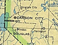 Figure�1. Virginia�City -- area�circled�and�enlarged above --�is situated southeast of Reno in the arid�Virginia�Range�of northern Nevada.