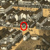 Figure�4. Section of Virginia�City as shown in 1875�Bird's Eye�View.�The�Boston�Saloon is shown -- circled and enlarged -- at the�corner�of D�and�Union Streets. Library of Congress Online�Panoramic�Maps.