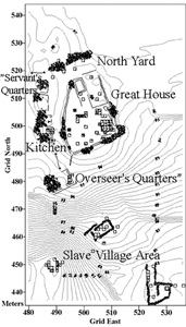 Figure 5. Carolina Point Plantation (12-VAM-3-209) site map from NPS excavations in 1998.