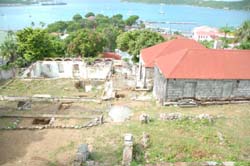 Ruins of main house at Magens House (left), servant quarter (earlier enslaved laborer quarters) and cook house (right)