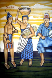 Tchamba with his wife and drummer, temple mural painted by Kossivi Joseph Ahiator, photo by Dana Rush, November 1999, near Lome, Togo
