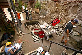 UMass faculty researcher David Landon (R) and his team are the latest to sweep for artifacts on the Beacon Hill site. Since the 1970s, archaeologists have collected 70,000 artifacts around the historic African Meeting House. (Globe Staff Photo / John Tlumacki)