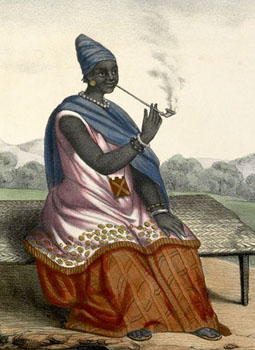 Wolof Queen Ndet�-Yalla, Senegal, showing her robes and bead jewelry, 1850s; based on a drawing made from life by a Senegalese Catholic priest.  For details, see http://hitchcock.itc.virginia.edu/Slavery, Image Reference Boilat03.