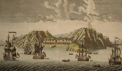1790 engraving view of St. Helena of the East India Company